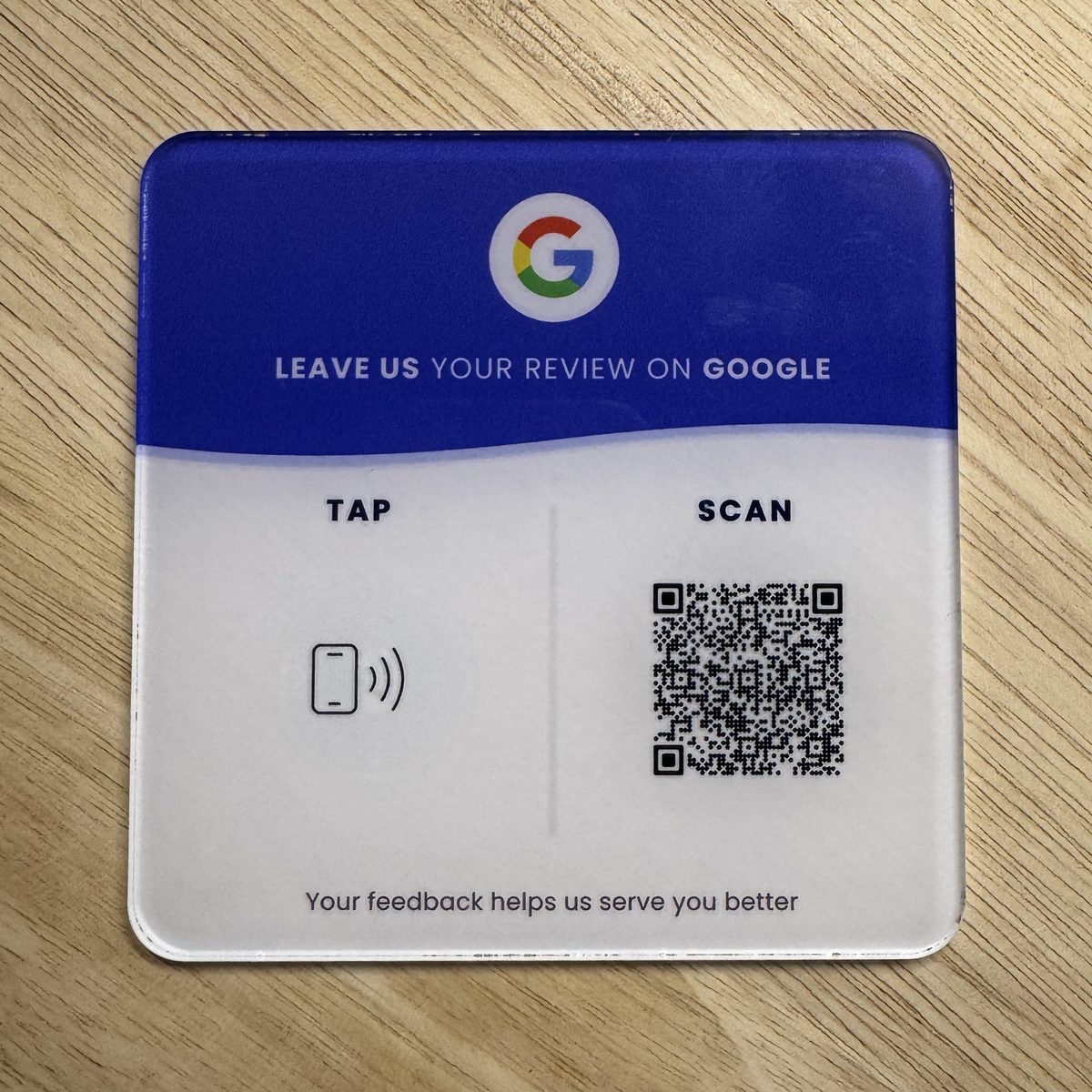 Review QR India acrylic Google review standee with QR code and NFC tap area