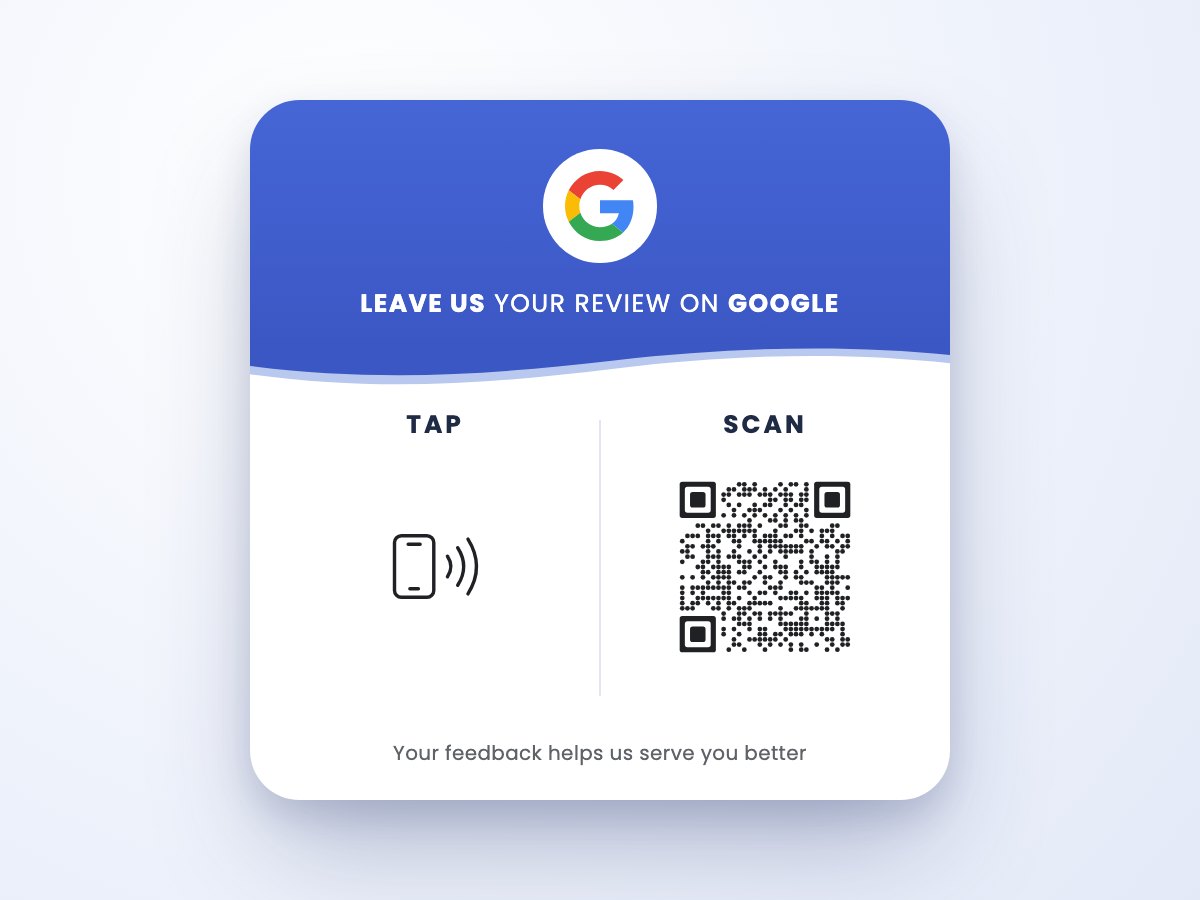 Google review stand with QR code and NFC tap area, 99 × 99 mm